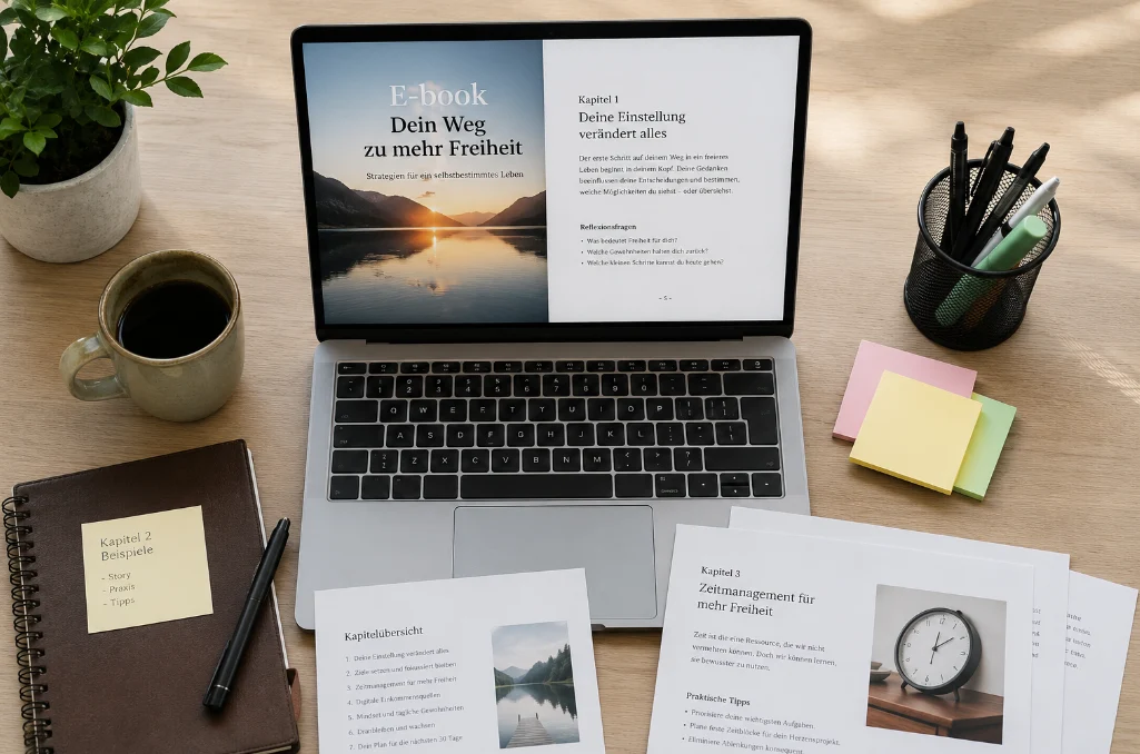 Arbeitsplatz mit Notizen und Laptop bei der Erstellung eines digitalen Produkts