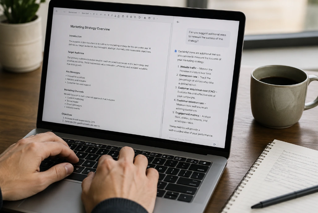 Person schreibt am Laptop einen Text mit Unterstützung eines KI-Chats