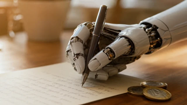 Roboterhand schreibt mit Stift auf Papier