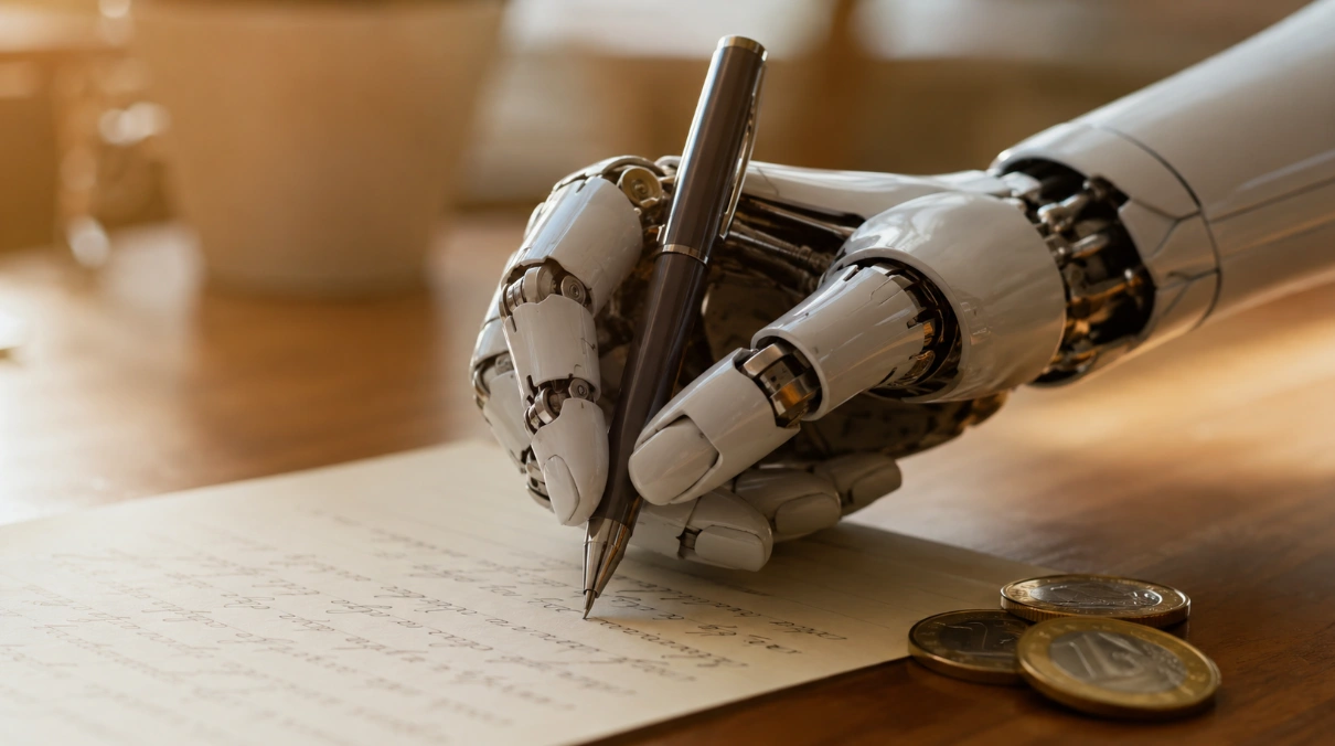 Roboterhand schreibt mit Stift auf Papier