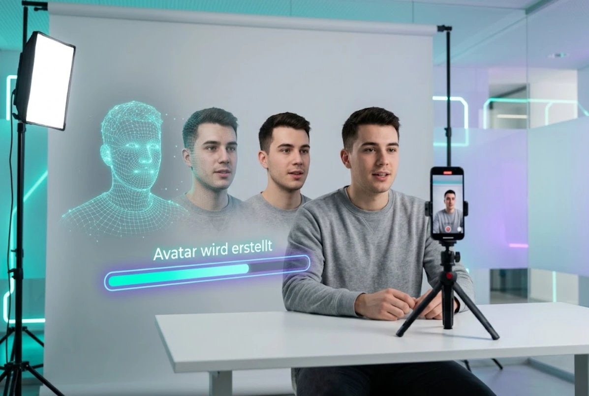 Mann nimmt mit Smartphone und Softbox ein Ausgangsvideo auf, daneben entsteht daraus sein digitaler KI-Avatar