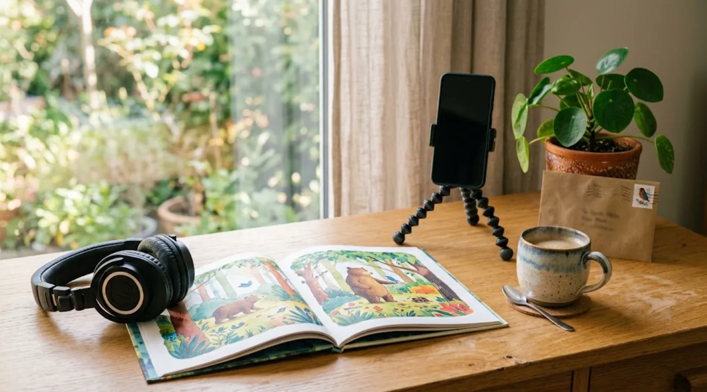 Schreibtisch zu Hause mit Kopfhörern, Kinderbuch, Smartphone auf Stativ und Briefumschlag als Symbole für Wege, online Geld zu verdienen