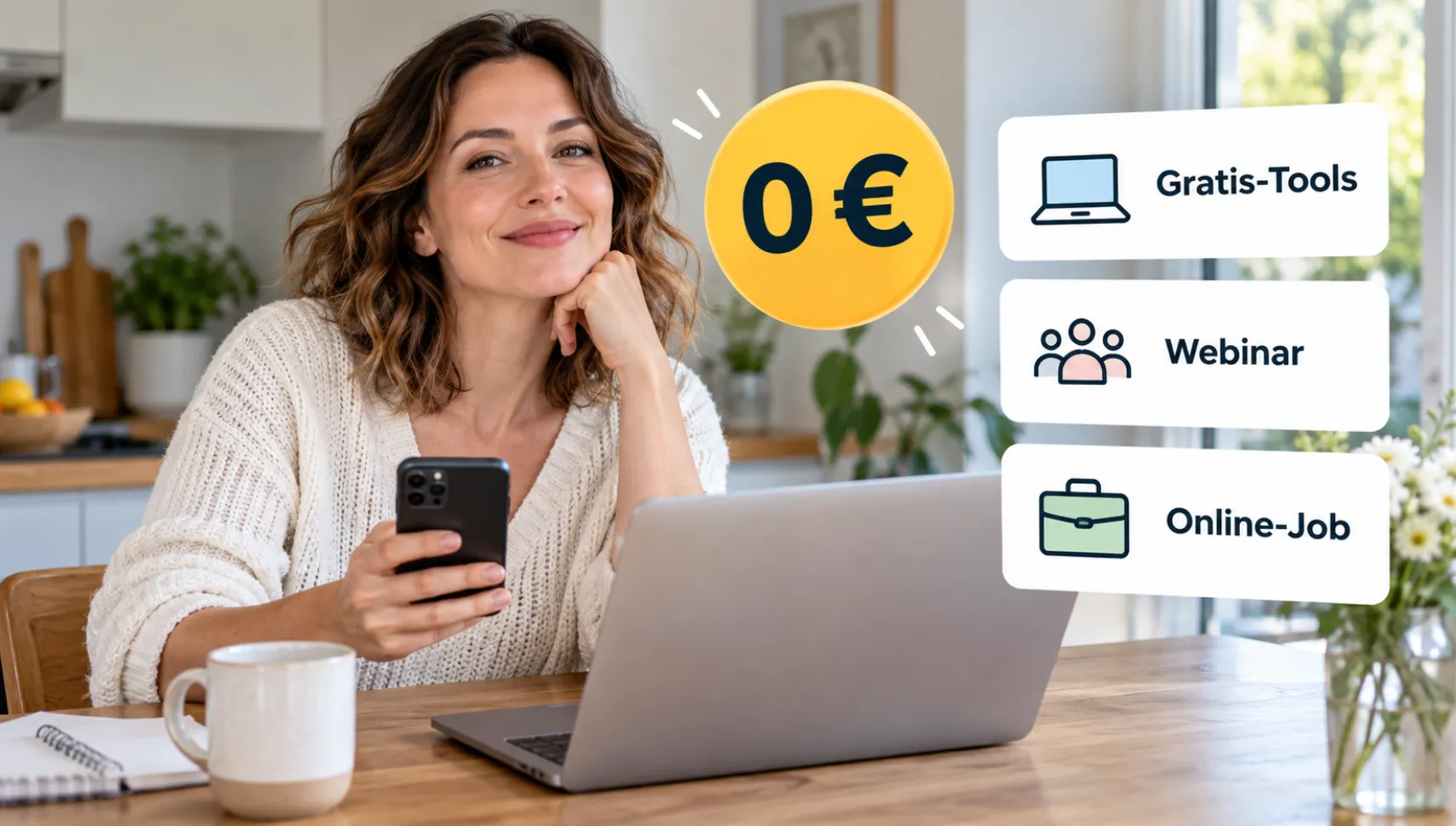 Frau mit Smartphone und Laptop am Küchentisch, daneben ein Badge mit 0 Euro und Karten für Gratis-Tools, Webinar und Online-Job