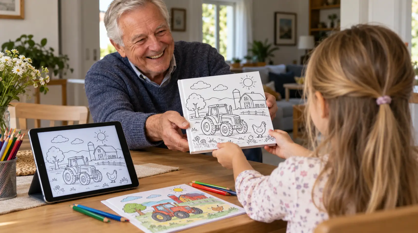 Großvater überreicht seiner Enkelin ein selbst gestaltetes Ausmalbuch, auf dem Tisch ein Tablet mit dem gleichen Bauernhof-Motiv und Buntstifte