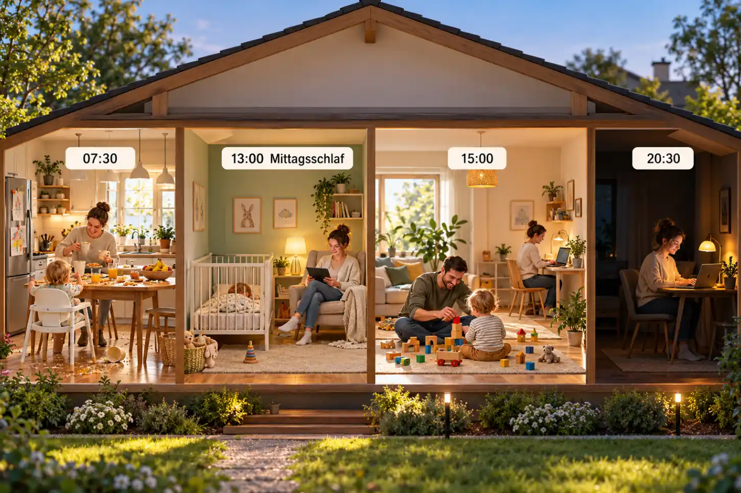 Aufgeschnittenes Haus wie ein Puppenhaus mit vier Räumen und Uhrzeiten: Mutter arbeitet in kurzen Zeitfenstern, während Kind schläft, in der Kita ist oder der Vater übernimmt