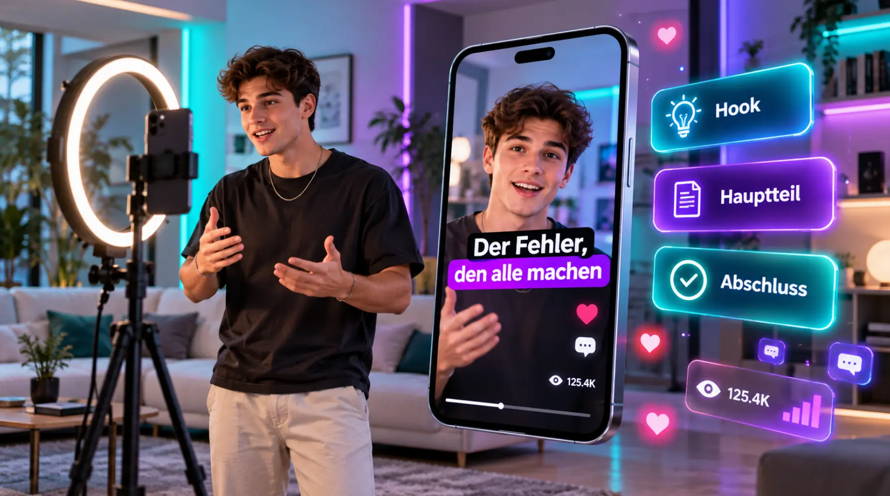 Mann filmt sich mit dem Smartphone auf einem Stativ, daneben ein Reel mit Untertitel und die drei Teile Hook, Hauptteil und Abschluss