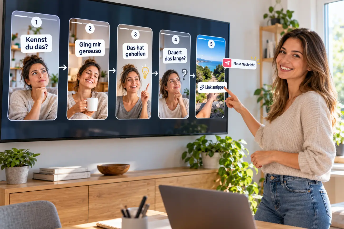 Frau zeigt auf fünf Instagram Stories in einer Reihe, vom Satz Kennst du das bis zum Link-Sticker, daneben eine neue Direktnachricht