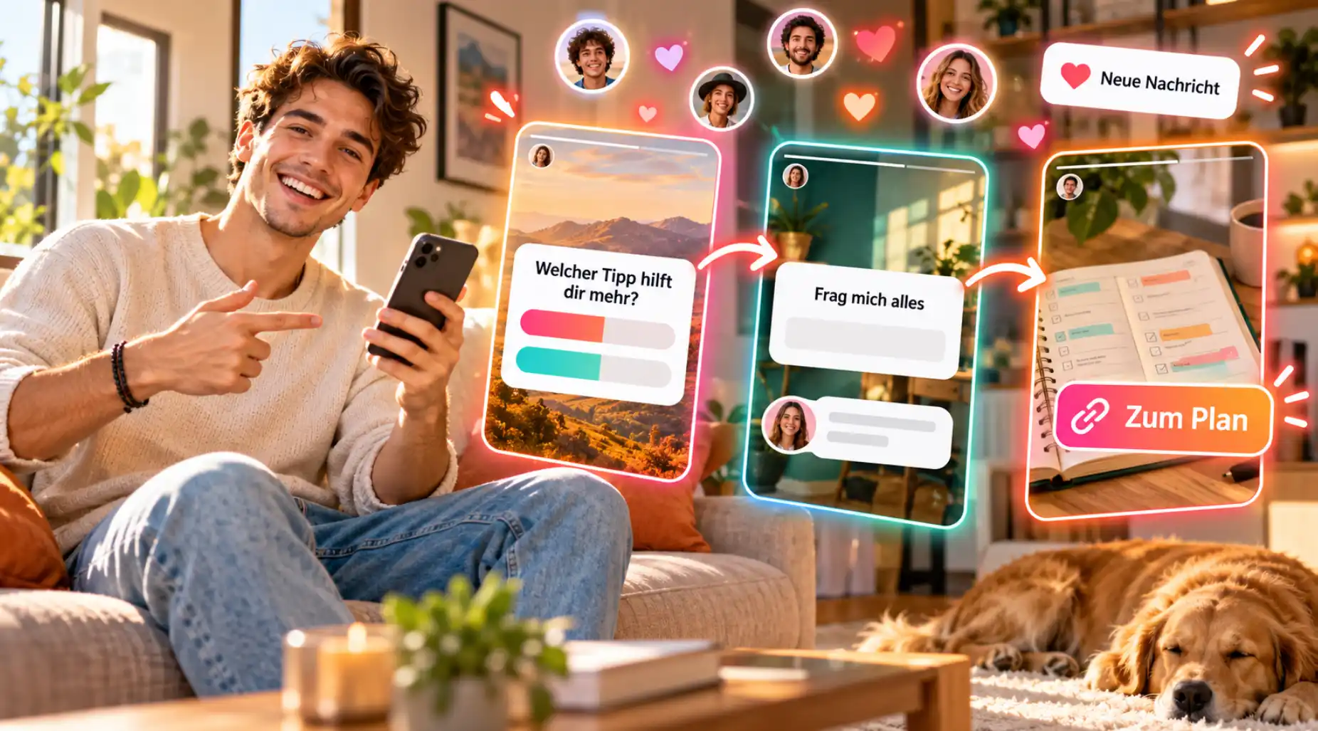 Mann mit Smartphone, daneben eine Instagram Story mit Umfrage-Sticker und weitere Story-Rahmen mit Fragen, Quiz und Link