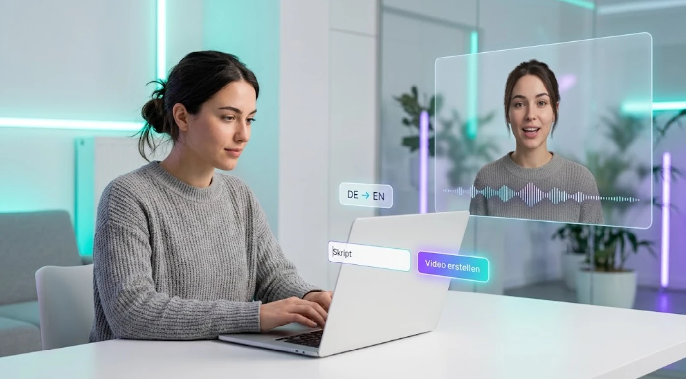 Frau tippt am Laptop ein Skript, daneben spricht ihr digitaler KI-Avatar auf einem großen Bildschirm