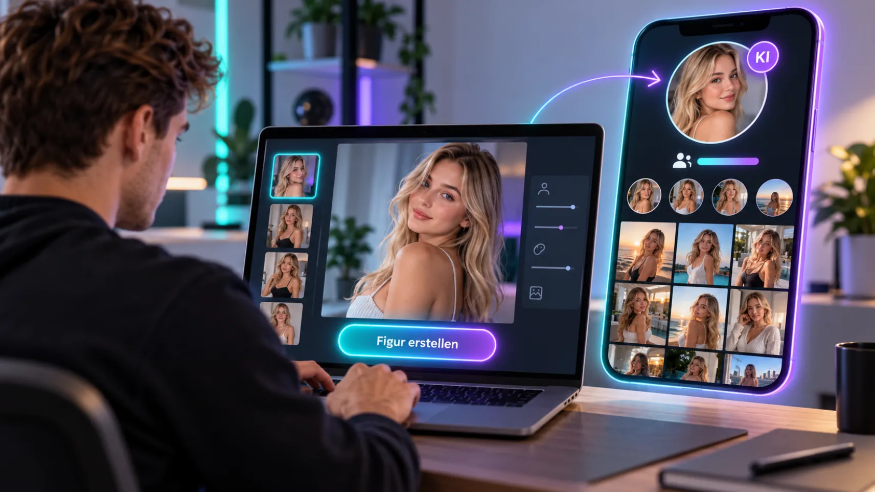 Mann erstellt am Laptop eine virtuelle Influencerin, daneben ein Smartphone mit ihrem Social-Media-Profil und KI-Kennzeichnung