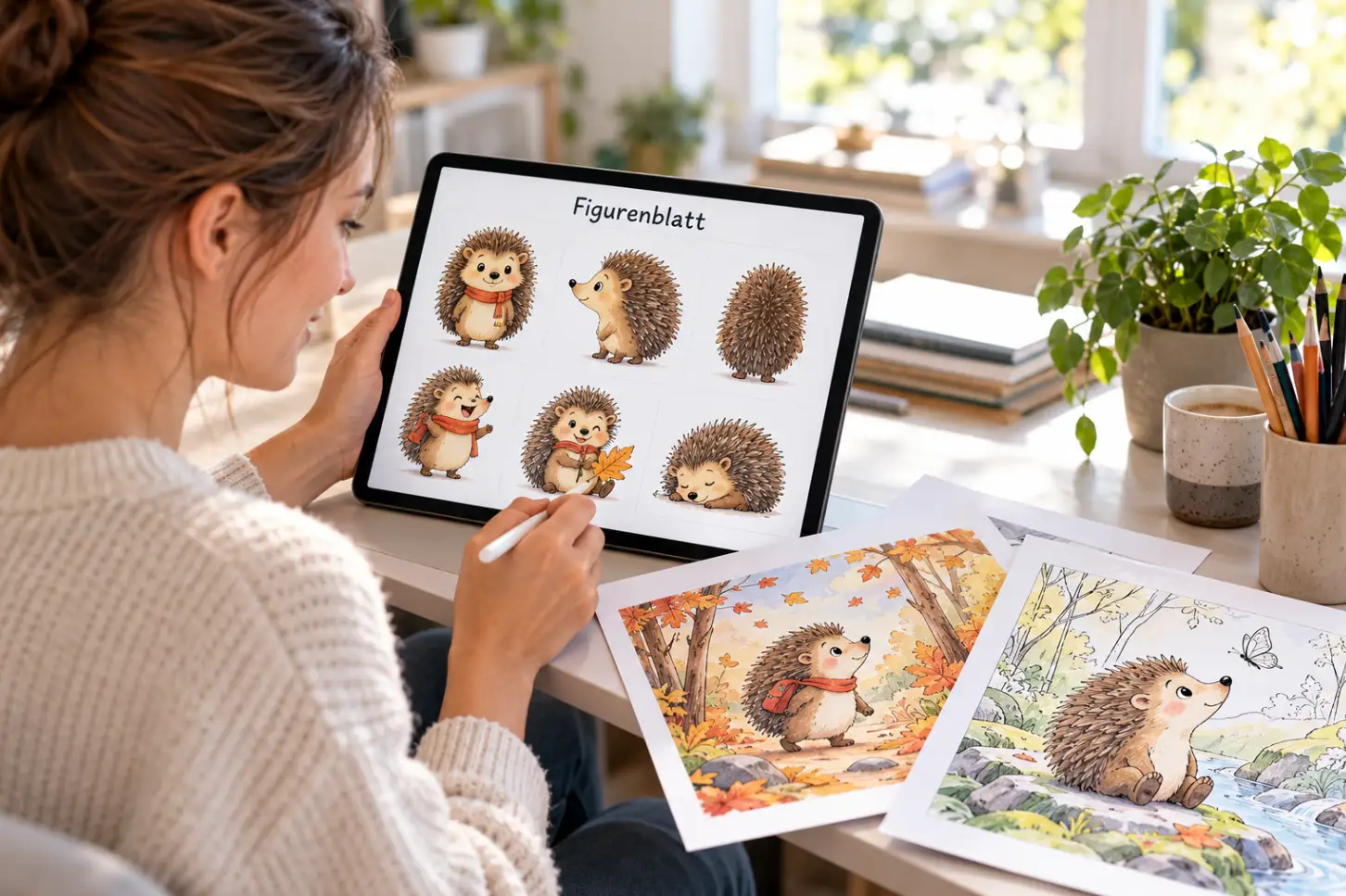Frau am Tablet mit einem Figurenblatt, auf dem dieselbe Igel-Figur in sechs Posen zu sehen ist, daneben ausgedruckte Kinderbuch-Illustrationen mit dem Igel