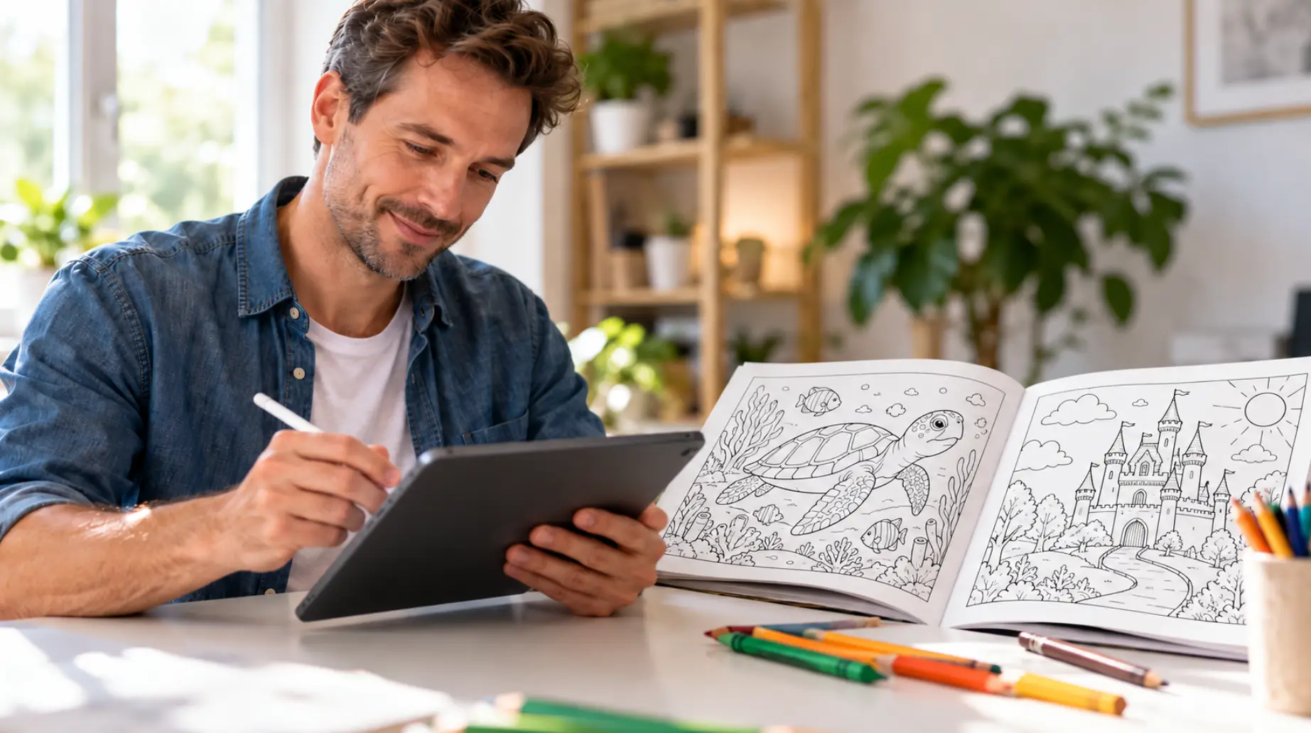 Mann erstellt am Tablet mit KI ein Ausmalbild, daneben das gedruckte Ausmalbuch