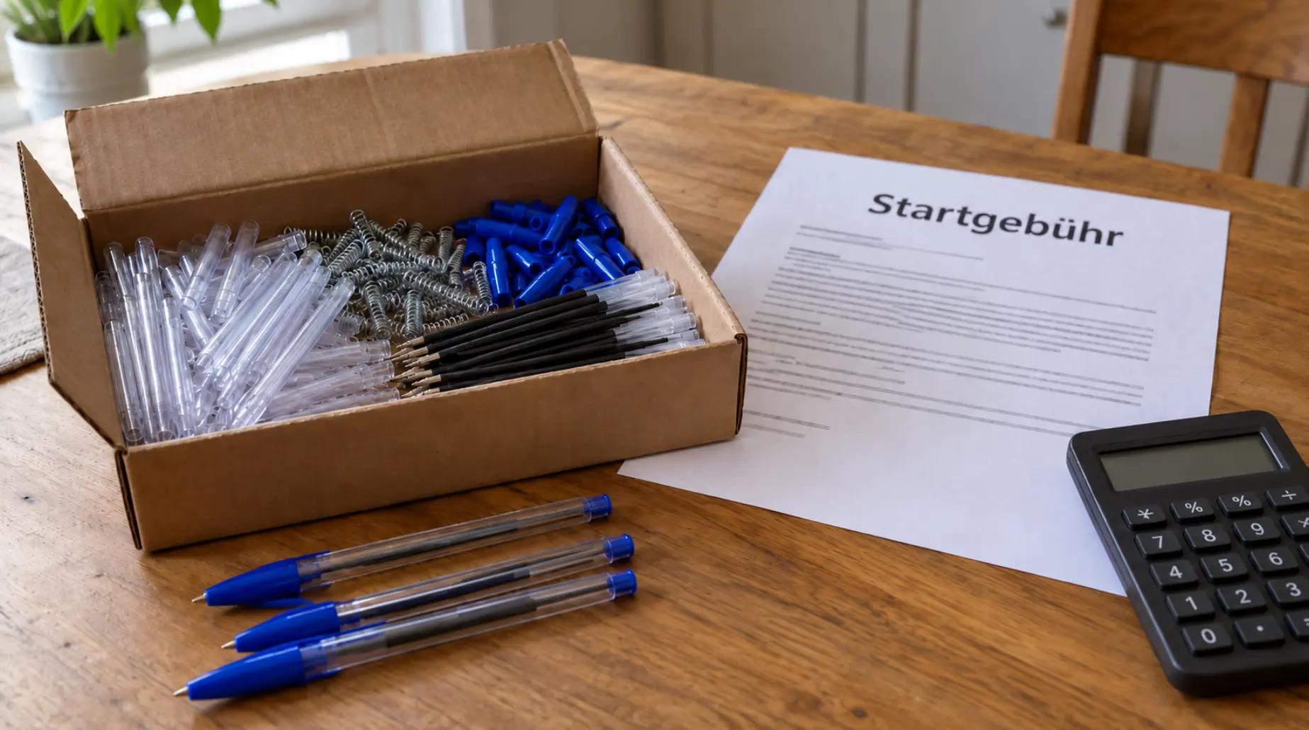 Geöffnetes Paket mit Kugelschreiber-Einzelteilen neben einem Schreiben mit der Überschrift Startgebühr