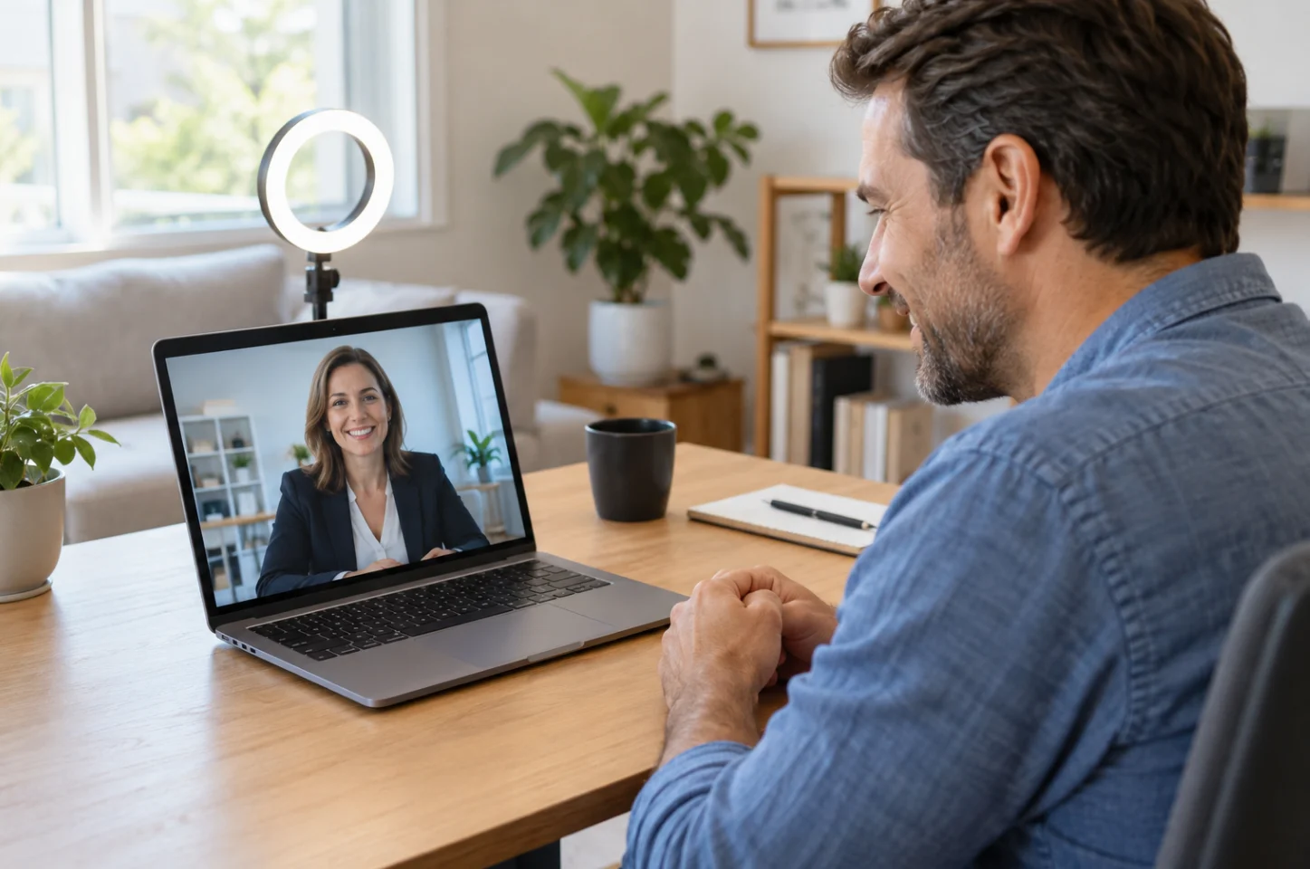 Mann im Vorstellungsgespräch per Video am Laptop zu Hause, auf dem Bildschirm die Personalverantwortliche