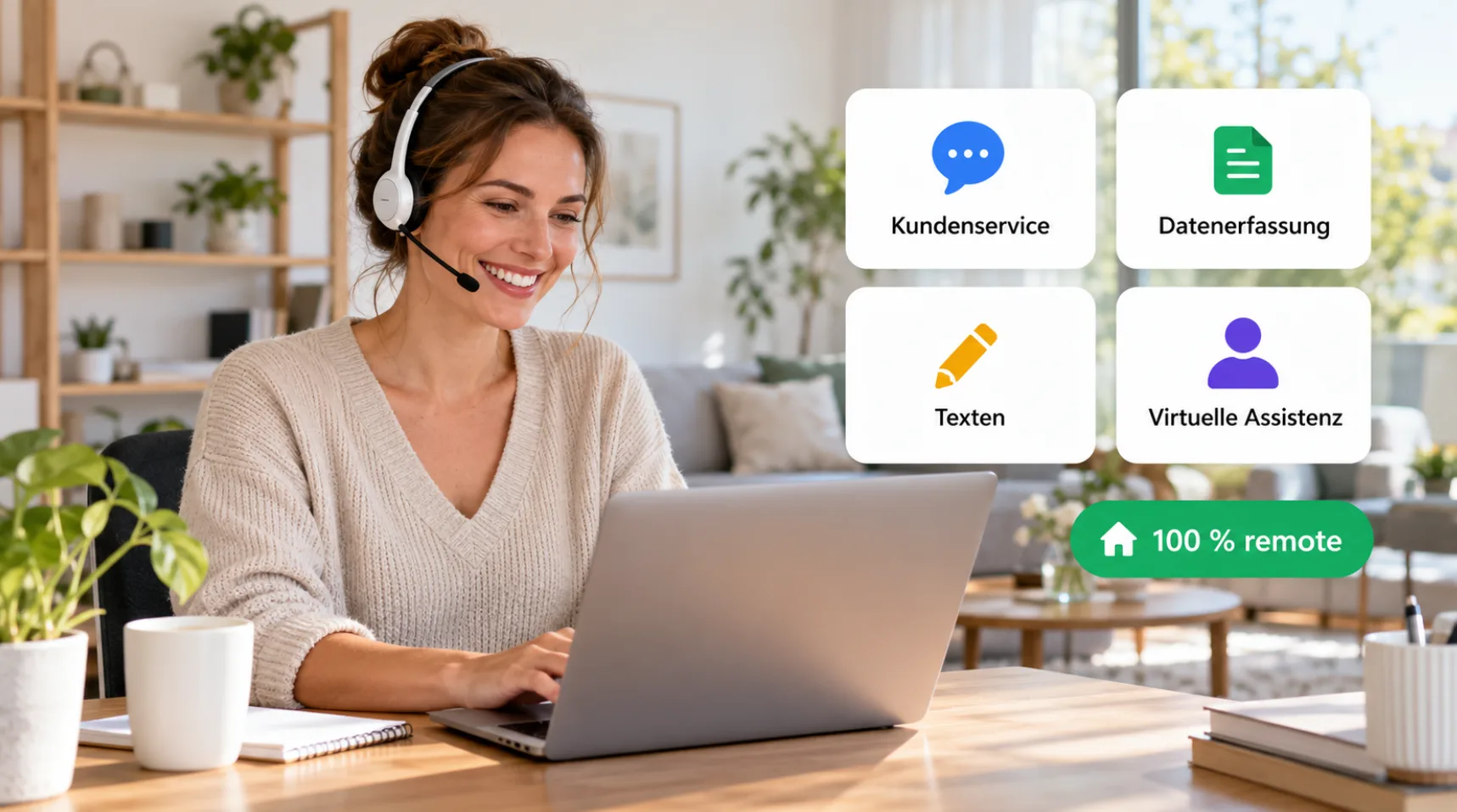 Frau mit Headset arbeitet am Laptop zu Hause, daneben Karten für Kundenservice, Datenerfassung, Texten und virtuelle Assistenz