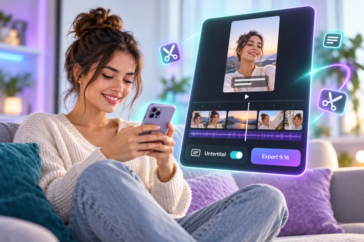 Frau schneidet ein Reel am Smartphone, auf dem Bildschirm Zeitleiste mit Clips, automatische Untertitel und Export im Hochformat