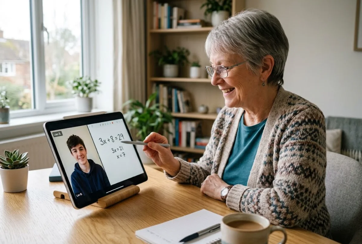 Frau in den Sechzigern gibt per Videocall am Tablet Nachhilfe, auf dem Bildschirm ein Schüler und eine Matheaufgabe