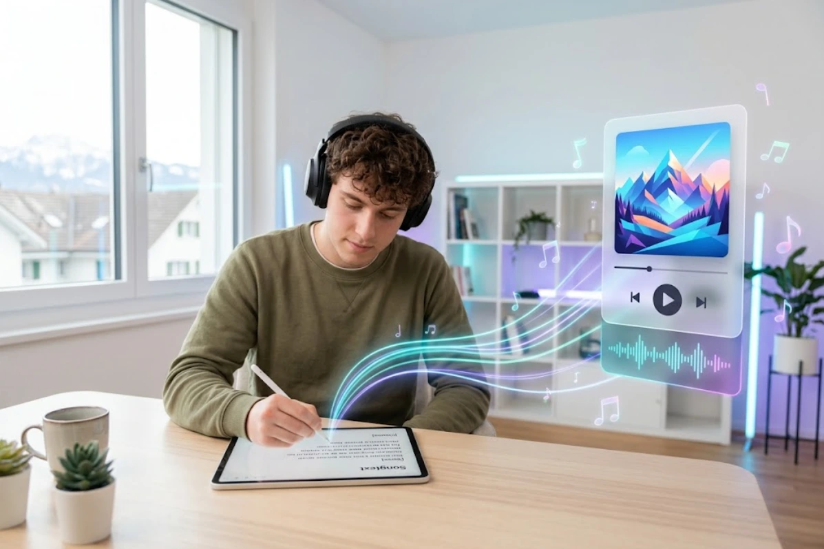 Mann am Tablet schreibt einen Songtext mit Strophe und Refrain, daneben ein Musikplayer mit dem fertigen KI-Song
